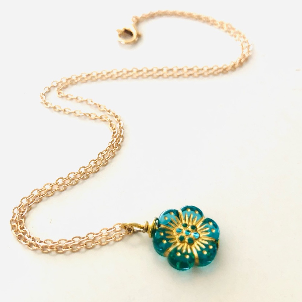 Teal and Gold Flower Necklace - NWT